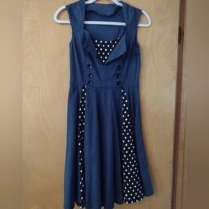 Vintage-inspired navy blue dress black insets and white polka dots, size medium